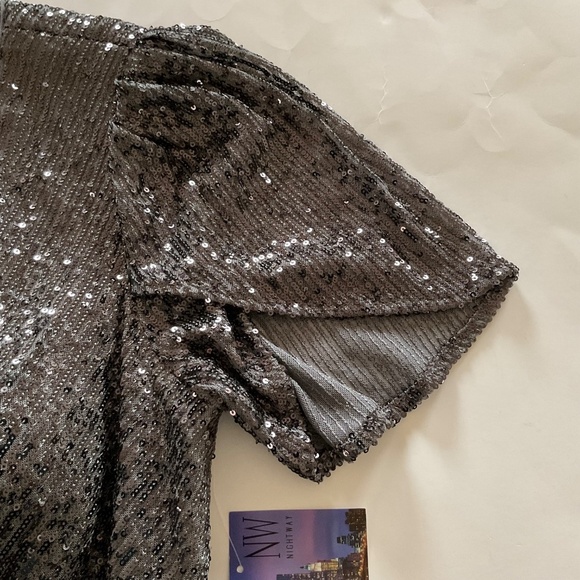 NW Nightway All Over Sequined Cocktail Dress Sz 10 Gunmetal Ruffled Hem Padded - Picture 5 of 16